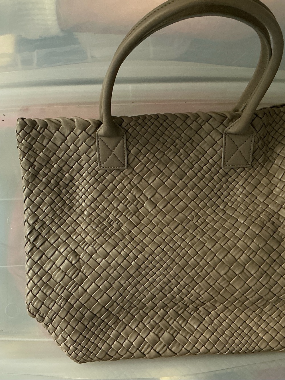 Woven Leather Tote Bag in Taupe